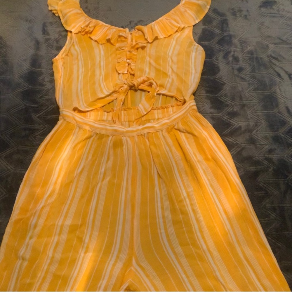 Patrons of Peace: Marigold and White Striped Tie Front Jumpsuit, Size L